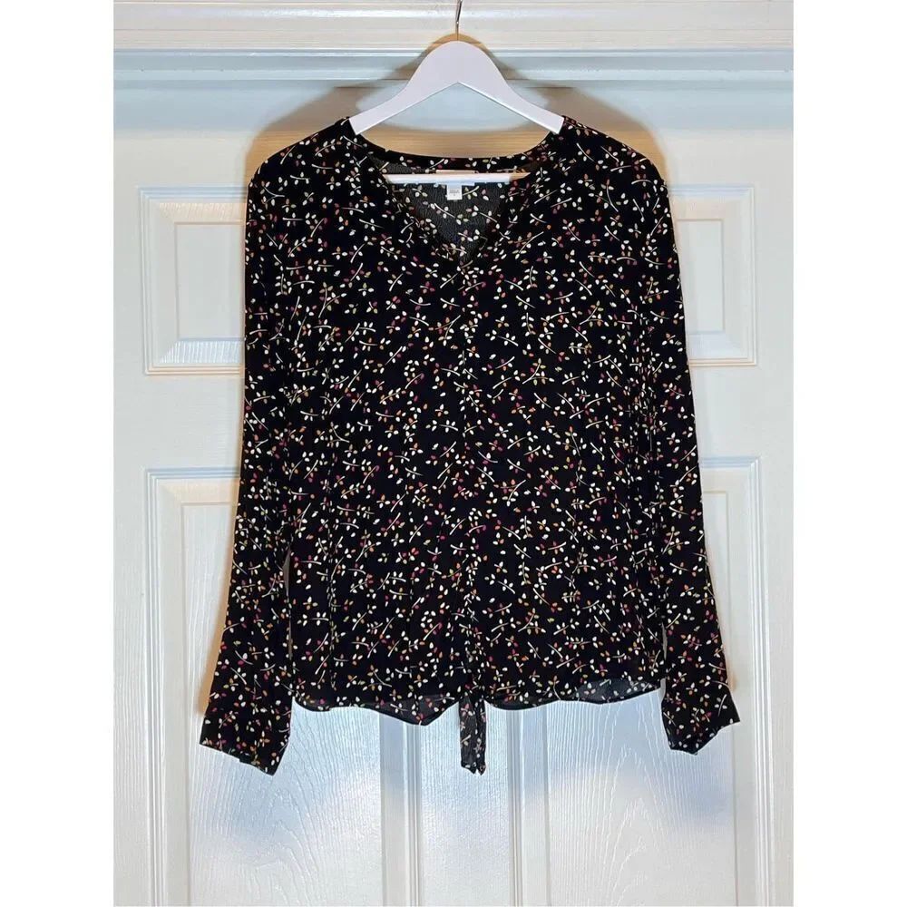 J. Jill Black Print Tie Front Blouse sz S EUC